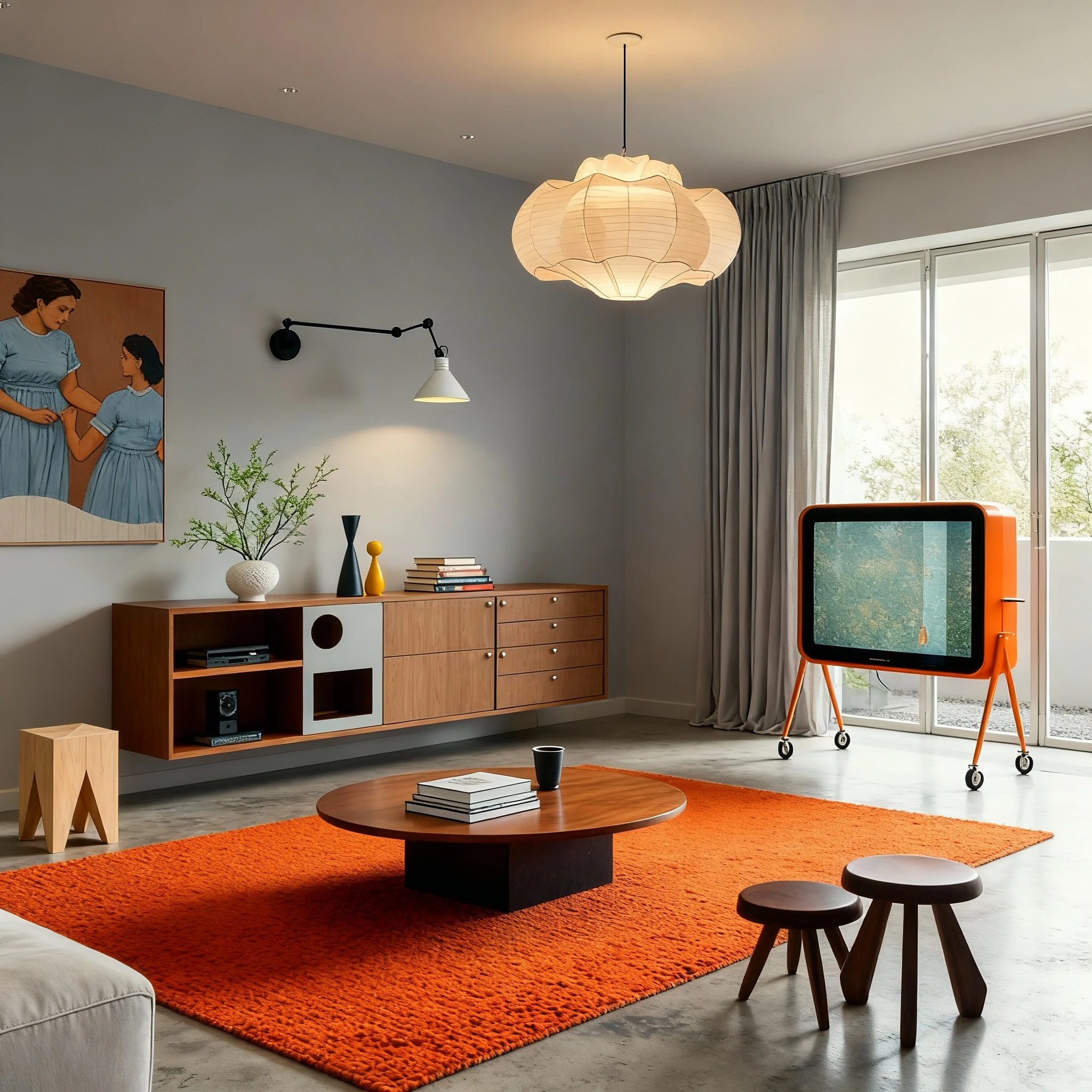 Redesign the interior decoration and furniture choices for image 1 by using items and styles from image 2. But keep the room structure(walls/windows), only redecorate it with color, material, style and furnitures, and use the same camera view from image 1 to recreate the photo.