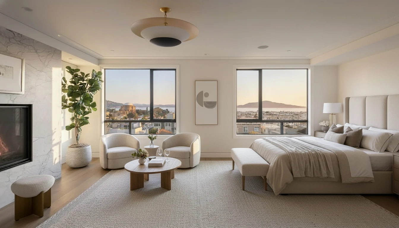 Furnish this bedroom, and make it arranged with a spacious, balanced layout centered around a large bed on the right wall. The bed features a tall upholstered headboard, layered beige bedding, and matching pillows, with a long bench positioned at the foot. On the right side of the bed, a nightstand holds a lamp with a white shade and small decor. In front of the windows, two rounded armchairs form a sitting area facing a low oval coffee table with a book, vase, and wine glasses on top. A small stool sits near the fireplace on the left, which is framed with light marble. A tall potted plant fills the corner between the fireplace and windows, softening the transition. The furniture is placed to emphasize symmetry, open sightlines, and comfort while framing the city and bay views through the large windows.