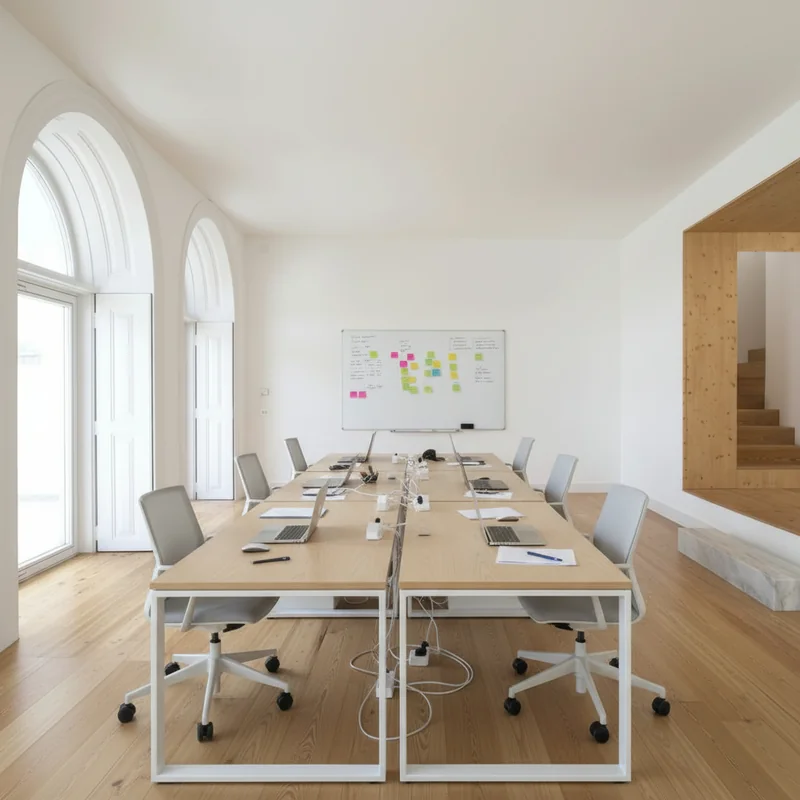 Add modern office furniture to this office space, with a long row of desk (from the camera to the wall far end) with chair...