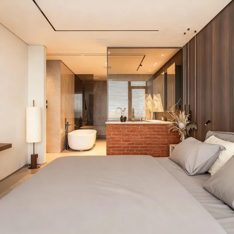 Refurnish this room with more modern materials on the walls from the bedroom to the bathroo, and use designer pieces to de...