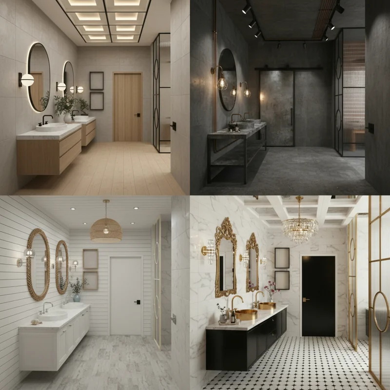 Let's redesign this bath room with different furniture and materials, create a 2x2 grid with variations of the design on d...