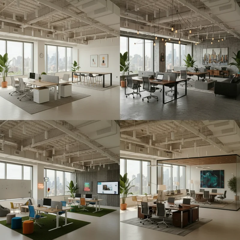 Furnish the open office with modern office furniture and functional layout, generate a 2x2 grid with four different variat...