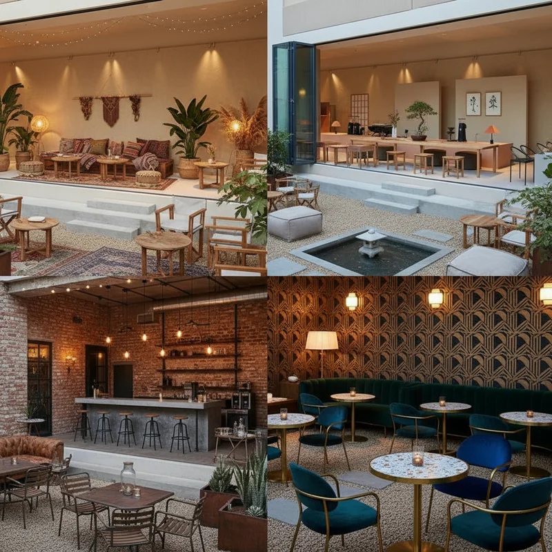 Furnish the restaurant space with different decor styles and furnitures, generate a 2x2 grid with four different variation...