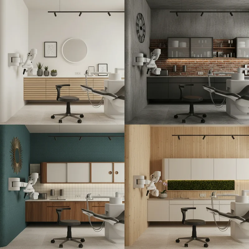 Redesign this medical office with different decor styles and furnitures for the wall behind, generate a 2x2 grid with four...