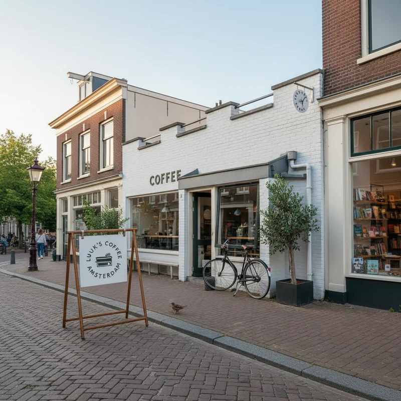 Create a realisctic looking photo of this retail shop, add additional architecture around it to complete the image.