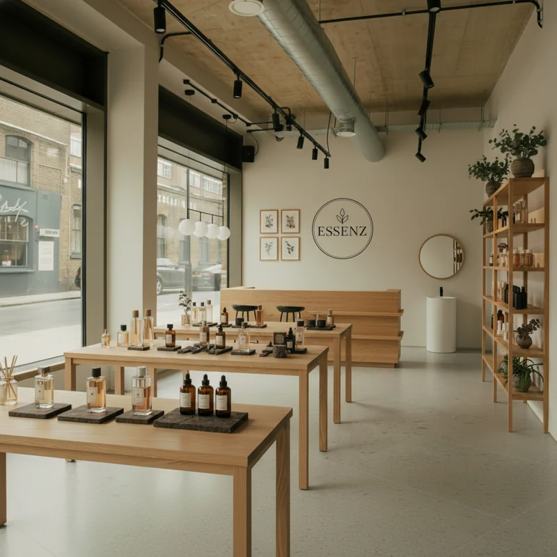 Decorate the room with products on the table and shelf as a perfume store, and mocked logo on the wall with other decorati...