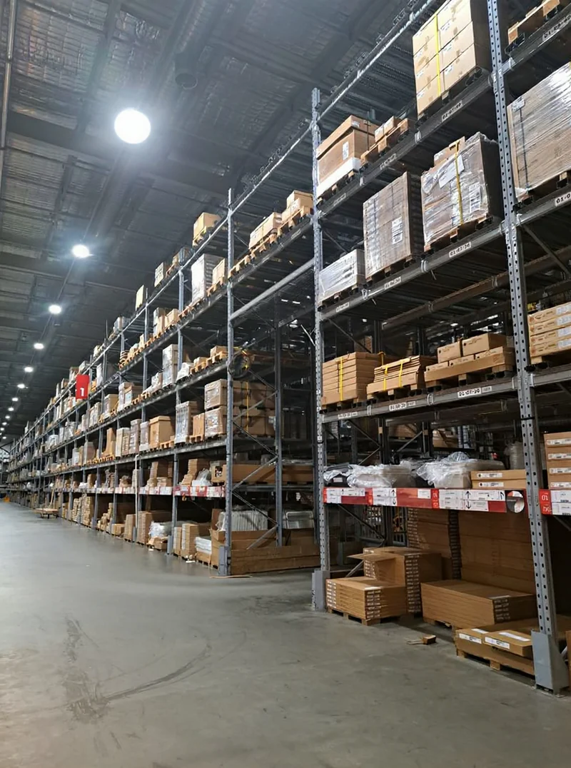 Retouch the photo of this warehouse and make it look more of a professional commercial photo for marketing, with accurate ...