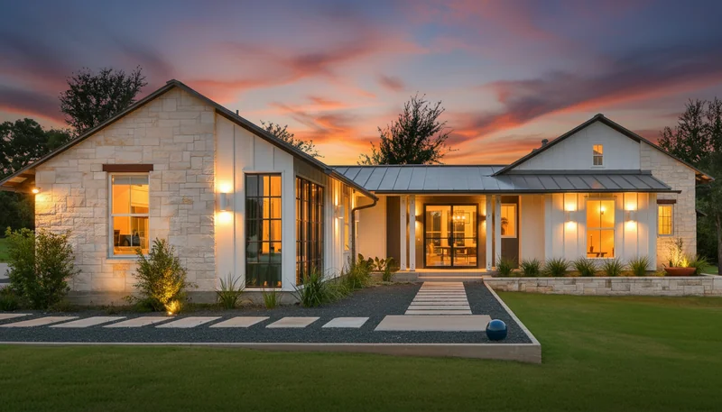 Convert this daytime photo to a beautiful dusk/twilight scene. dramatic sunset sky, turn on all interior and exterior ligh...