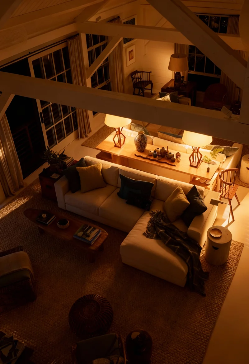 Turn this vacation home living room into a night time photo, with exterior being dark and almost visible, and the interior...