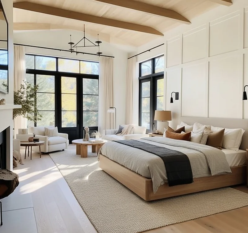 Change the furnitures(bed, coach and tables) and carpets into a Japandi style