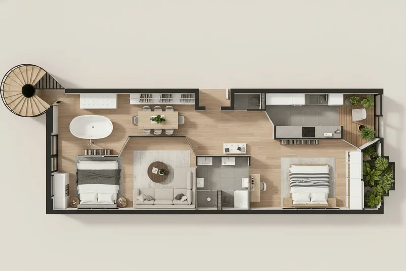 Turn this CAD line drawing into a full rendering of the same 2nd floor condo layout, but with real materials and colours a...
