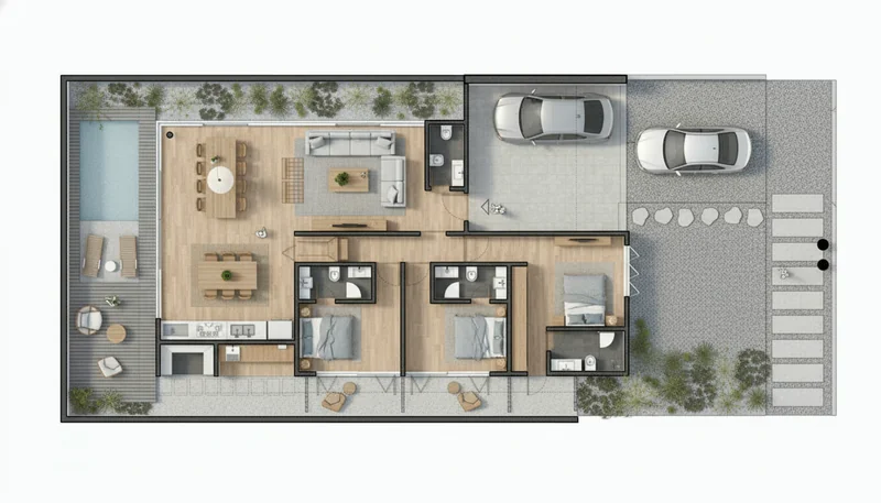 Turn this CAD line drawing into a full 2D rendering of the exact condo apartment layout, but with real materials and colou...