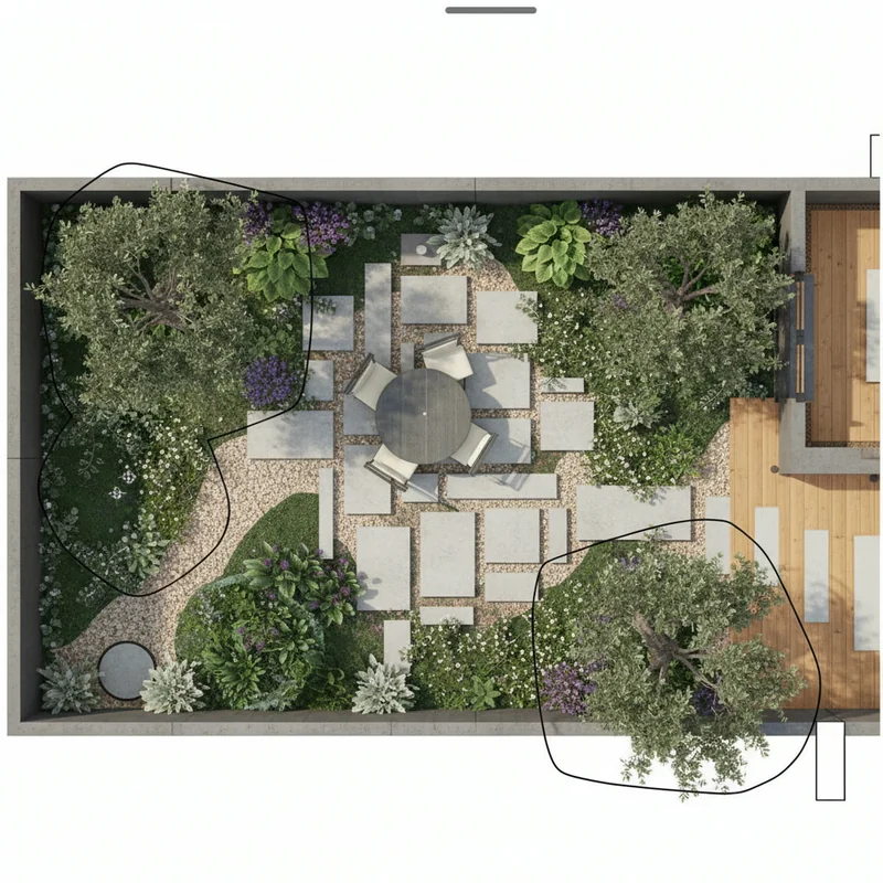 Turn this CAD line drawing into a full 2D rendering of the exact garden layout, but with real plants, materials and colour...