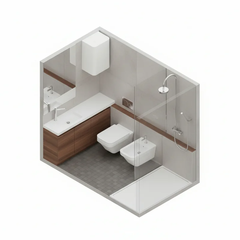 Turn this 3D CAD line drawing into a 3D isometric rendering of the exact bathroom, but with real materials and colours app...