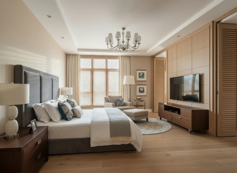 Trace on this line drawing of the bedroom and render it into a fully decorated realistic photo, apply real and premium mat...