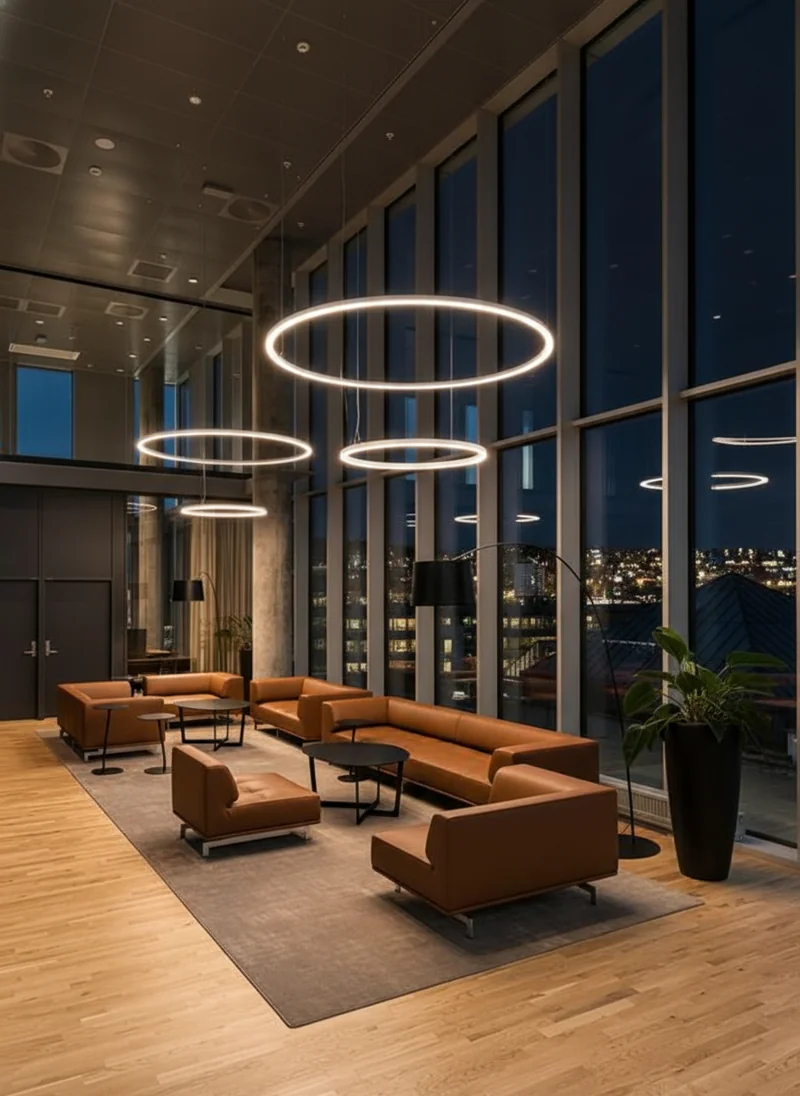 Turn the hotel lounge area into night time, turn on all the lights room to illuminate the room evenly, adjust the interior...