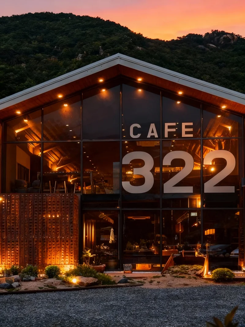 Convert this daytime photo to a beautiful dusk/twilight scene. beautiful gradient sunset sky, turn on all interior and ext...