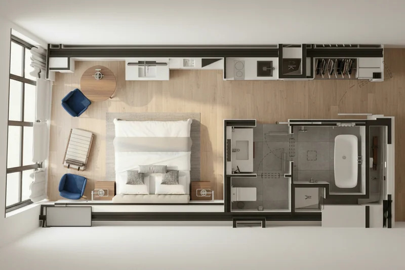 Trace on this hotel room floor plan, and turn it into a fully rendered realistic photography of the 2D view. Fill it with ...