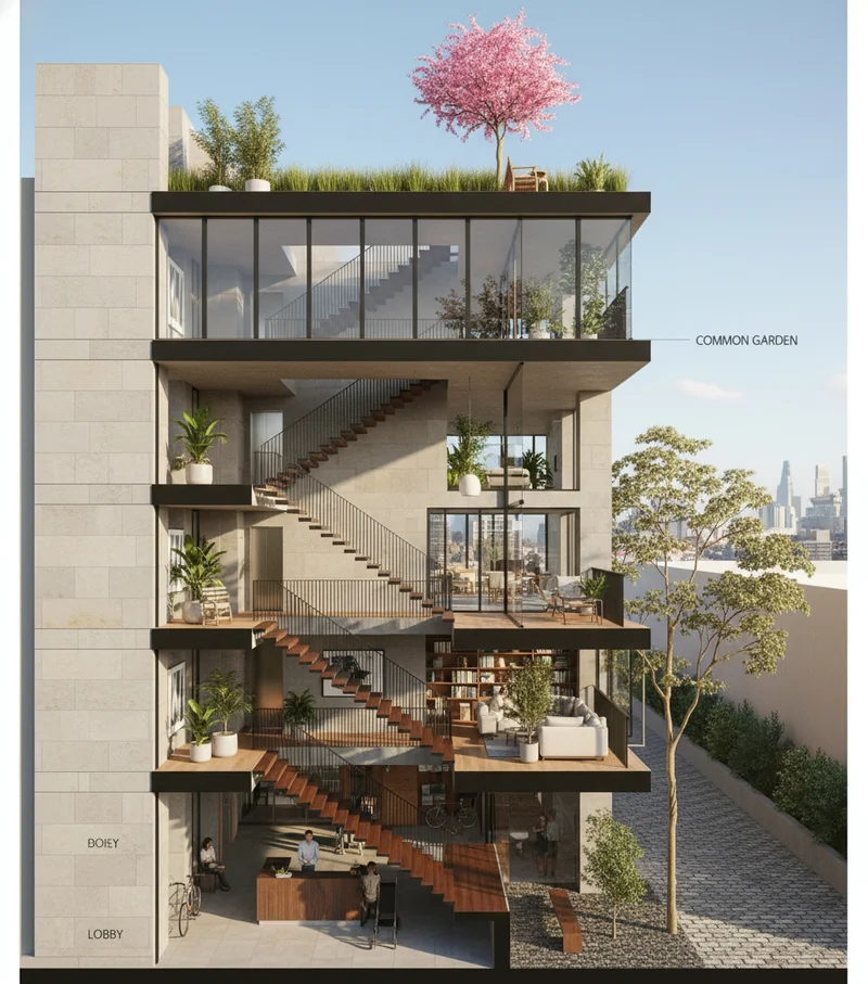 Trace on this line drawing of the section cut of this building and render it into a realistic photo, apply real and premiu...