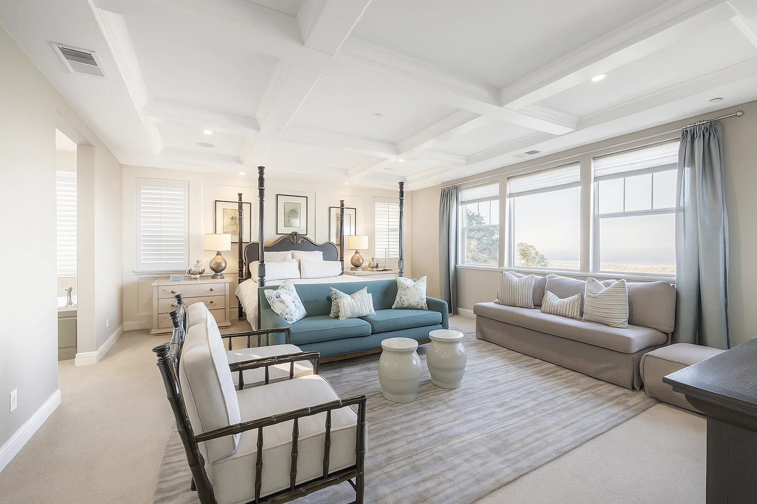 Recreate this interior photo with realistic daylight exposure and tonal balance suitable for professional real estate photography. Simulate natural sunlight coming from the window at the back, filling the room evenly with soft ambient light. Adjust exposure so that the wall tones remains with visible surface texture without glare or flash. Reduce warm color cast from the walls while maintaining a gentle warmth in wooden furniture. Balance highlights and shadows with smooth tonal transitions—no harsh contrast or clipped whites. Ensure reflective surfaces such as the wood cabinet and mirror frame show soft, diffused reflections instead of sharp glare. Preserve fine texture on the sofa fabric and floor. Apply subtle HDR-style tone mapping so both indoor and outdoor areas are visible naturally. The final image should feel bright, neutral, and professionally shot, like an MLS-ready daylight photo