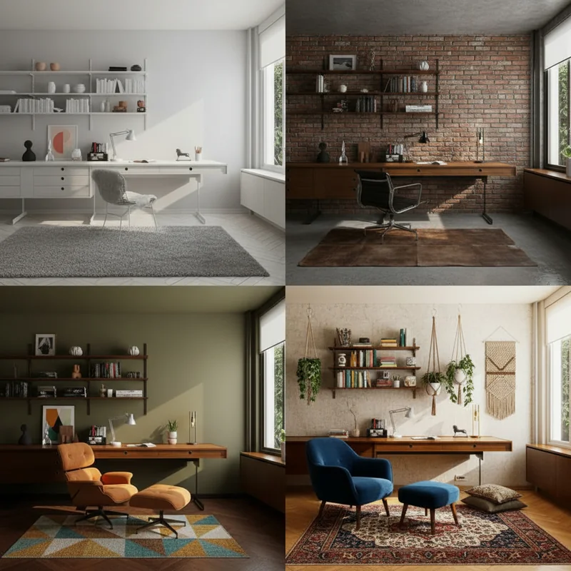 Redesign this home office space with 4 different style variations of furnitures and wall colour and flooring same room str...