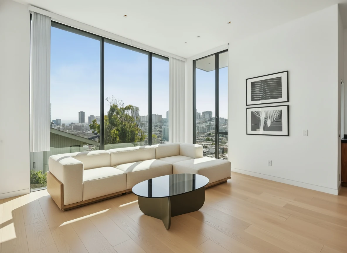 Add the sofa from image 2 and coffee table from image 3 to the room in image 1, put the sofa against the corner, and place the coffee table in front of it, and recreate the same FOV of the room with the furniture of image 1.