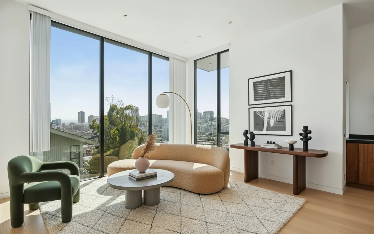 Add furniture to my image, the furniture style is modern, sculptural, and comfort-driven, emphasizing clean geometry, soft edges, and grounded proportions. It combines mid-century warmth with contemporary minimalism, favoring tactile materials, muted yet confident colors, and a balance between visual solidity and playful form. Each piece feels intentional and expressive, blending utility with a sense of artistic design coherence.