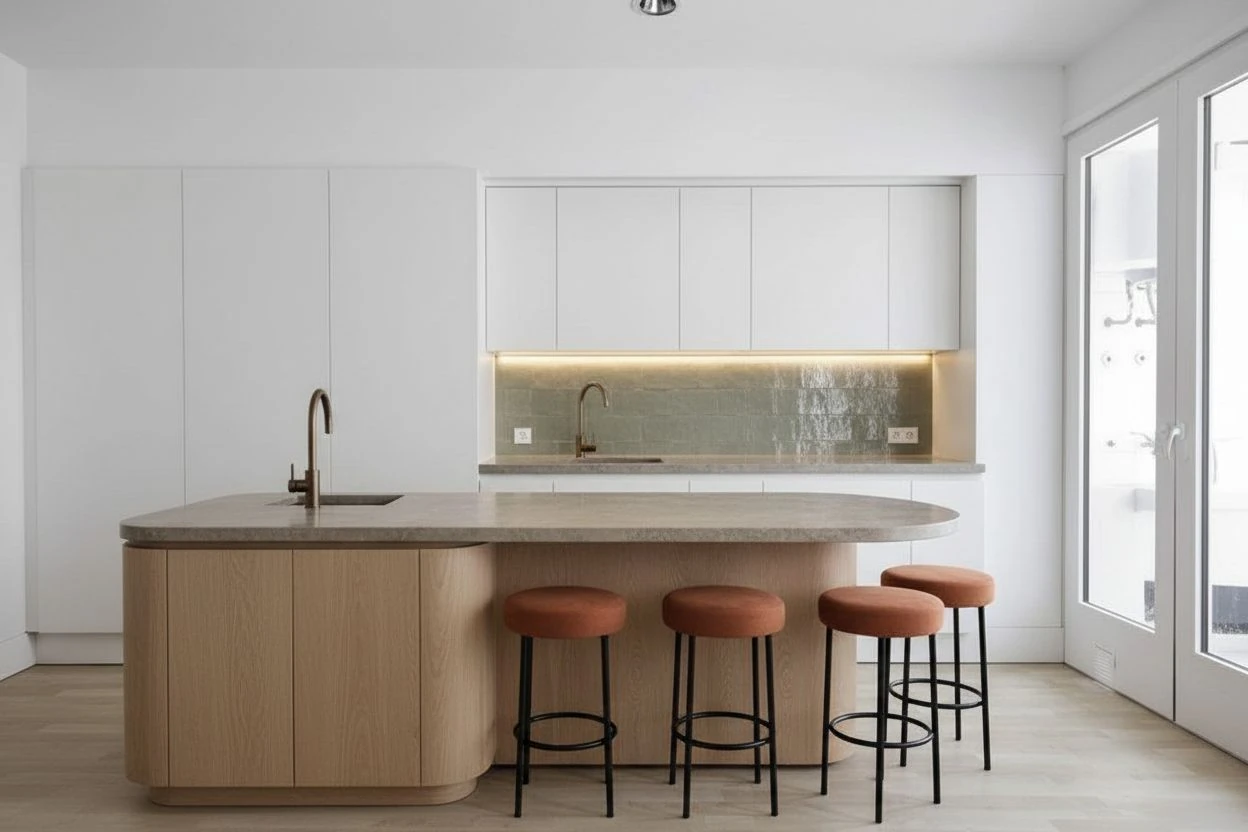 Let's furnish my kitchen, with a kitchen island in the middle of the space, with the style being modern, sculptural, and comfort-driven, emphasizing clean geometry, soft edges, and grounded proportions. It combines mid-century warmth with contemporary minimalism, favoring tactile materials, muted yet confident colors, and a balance between visual solidity and playful form. Each piece feels intentional and expressive, blending utility with a sense of artistic design coherence.