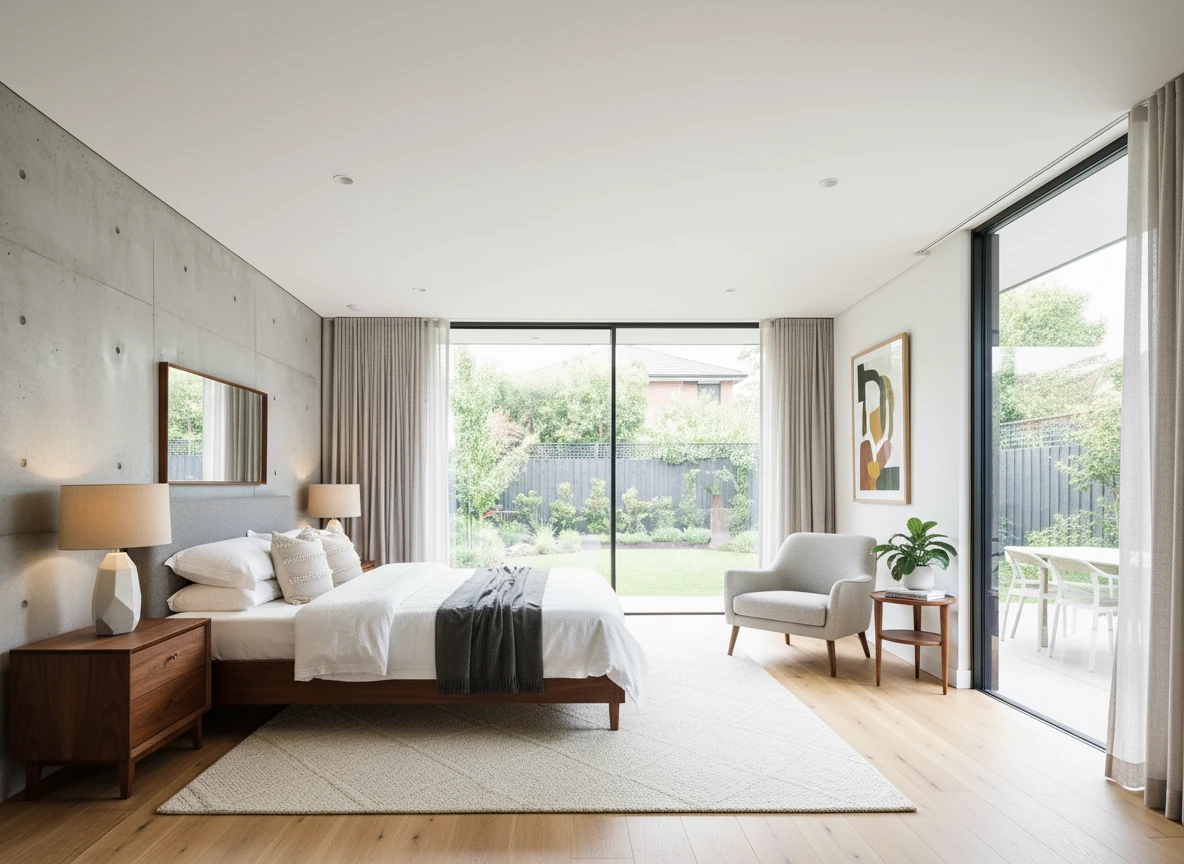 Create a photorealistic virtual staging of a residential bedroom in mid-century modern style. Transform the empty space into a warm, inviting home environment with carefully selected furniture, décor, and personal touches that appeal to homebuyers. Use natural residential lighting, comfortable furnishings, and authentic textures. Arrange furniture to showcase the room's functionality and flow while maintaining proper scale and proportion. Include tasteful accessories, artwork, and plants to create a lived-in feel. Capture as an MLS-ready real estate photograph with balanced exposure, natural colors, soft shadows, and realistic depth of field. The staging should feel authentic and aspirational, helping potential buyers envision themselves living in the space. Ultra-sharp, professional quality.