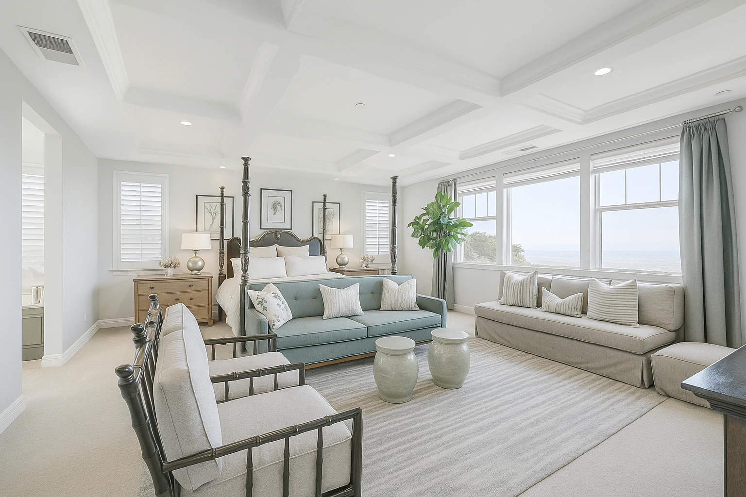 Recreate this photo with realistic daylight exposure and tonal balance suitable for professional real estate photography. Simulate natural sunlight coming from the window, filling the room evenly with soft ambient light. Adjust exposure so that the wall tones remains with visible surface texture without glare or flash. Reduce warm color cast from the walls while maintaining a gentle warmth in wooden furniture. Balance highlights and shadows with smooth tonal transitions—no harsh contrast or clipped whites. Ensure reflective surfaces such as the wood cabinet and mirror frame show soft, diffused reflections instead of sharp glare. Preserve fine texture on the sofa fabric and floor. Apply subtle HDR-style tone mapping so both indoor and outdoor areas are visible naturally. The final image should feel bright, neutral, and professionally shot, like an MLS-ready daylight photo