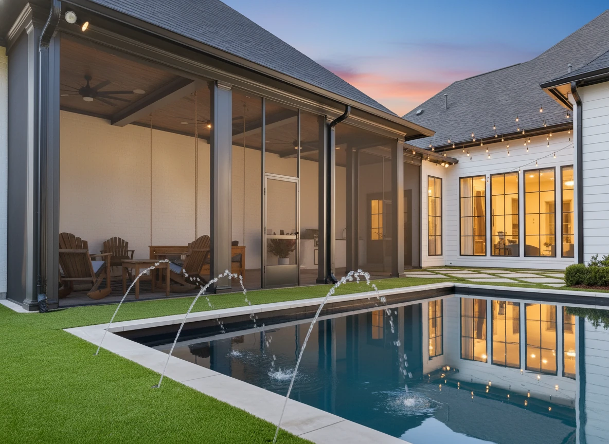 Transform this residential pool area photograph into a dusk/twilight scene. Convert daytime lighting to warm golden hour with a soft sunset glow. Turn on interior lights to create a warm glow from windows and exterior fixtures. Show the mix of twilight and artificial lighting to add depth and atmosphere while keeping the home's character. Enhance the home with dramatic sky and soft ambient lighting. Do not change exterior walls or structure, repair visible damage, alter landscaping or pool shape, remove neighboring buildings or utility poles, or invent or replace views. Capture as professional real estate twilight photography with balanced exposure between sky and property, natural color, and quality that maximizes the home's appeal.