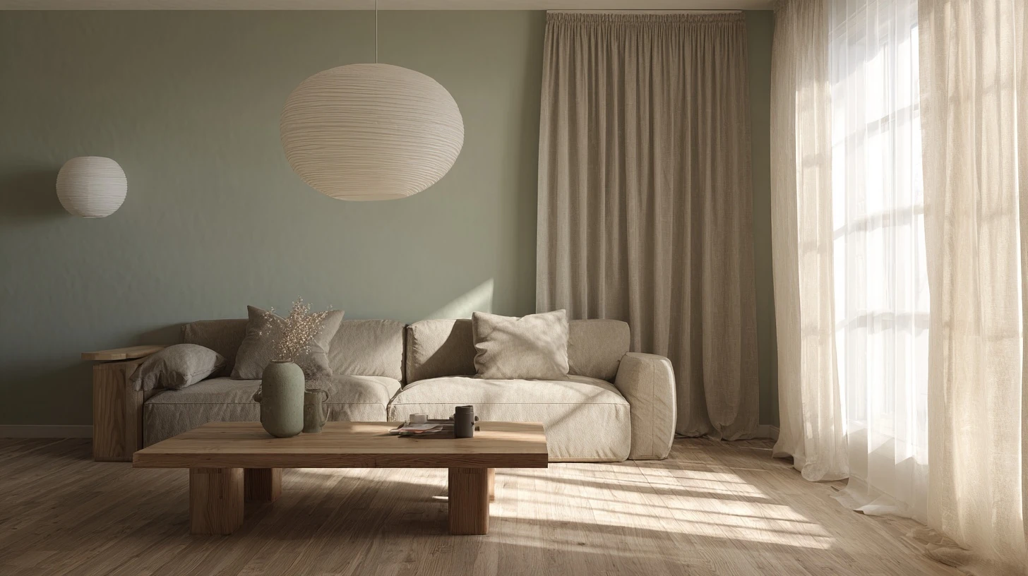 A Japandi living room with a low wooden coffee table, beige linen sofa, natural oak flooring, paper pendant lamp, minimal decor, soft natural light through sheer curtains, muted sage green accent wall, warm and calm atmosphere