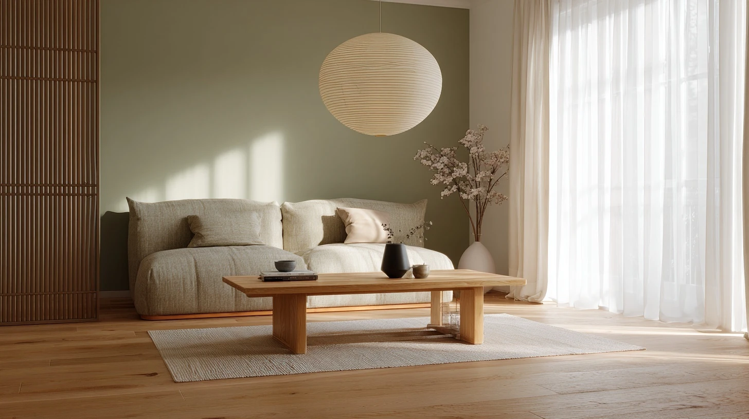 A Japandi living room with a low wooden coffee table, beige linen sofa, natural oak flooring, paper pendant lamp, minimal decor, soft natural light through sheer curtains, muted sage green accent wall, warm and calm atmosphere
