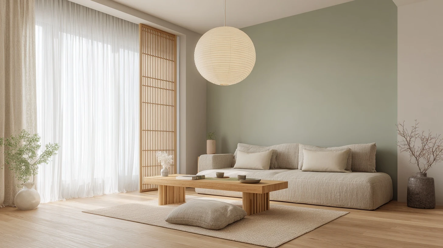 A Japandi living room with a low wooden coffee table, beige linen sofa, natural oak flooring, paper pendant lamp, minimal decor, soft natural light through sheer curtains, muted sage green accent wall, warm and calm atmosphere