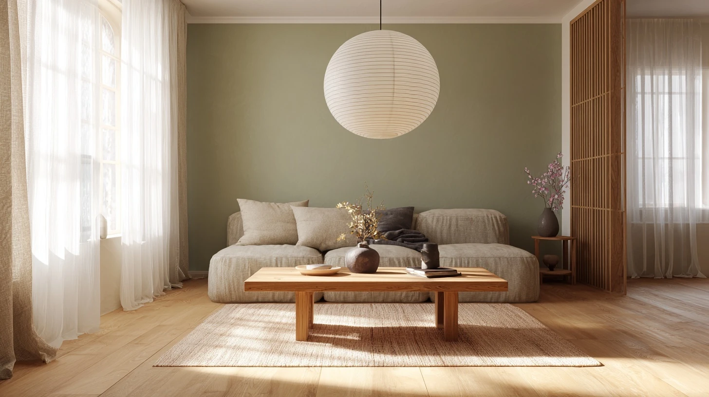A Japandi living room with a low wooden coffee table, beige linen sofa, natural oak flooring, paper pendant lamp, minimal decor, soft natural light through sheer curtains, muted sage green accent wall, warm and calm atmosphere