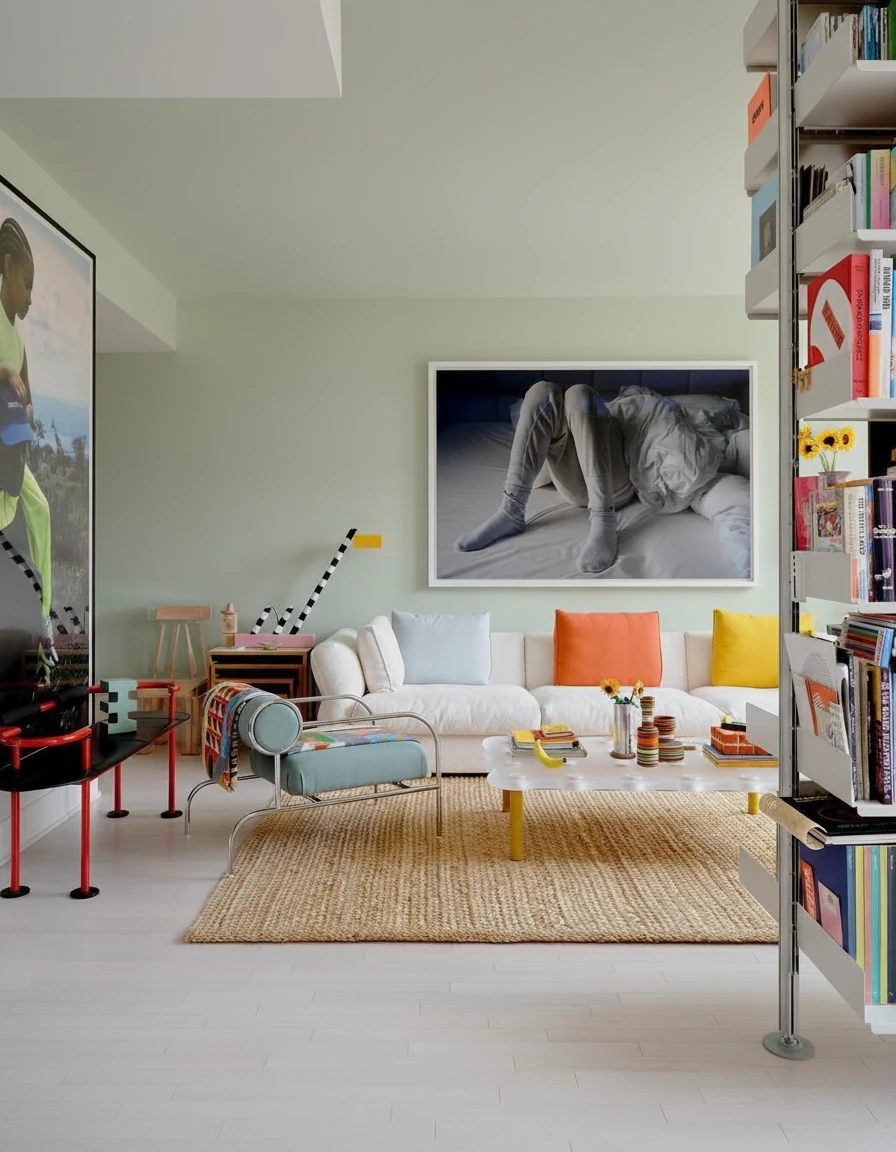 Change the wall color in this living room to sage green. Keep all furniture, lighting, and decor exactly the same.