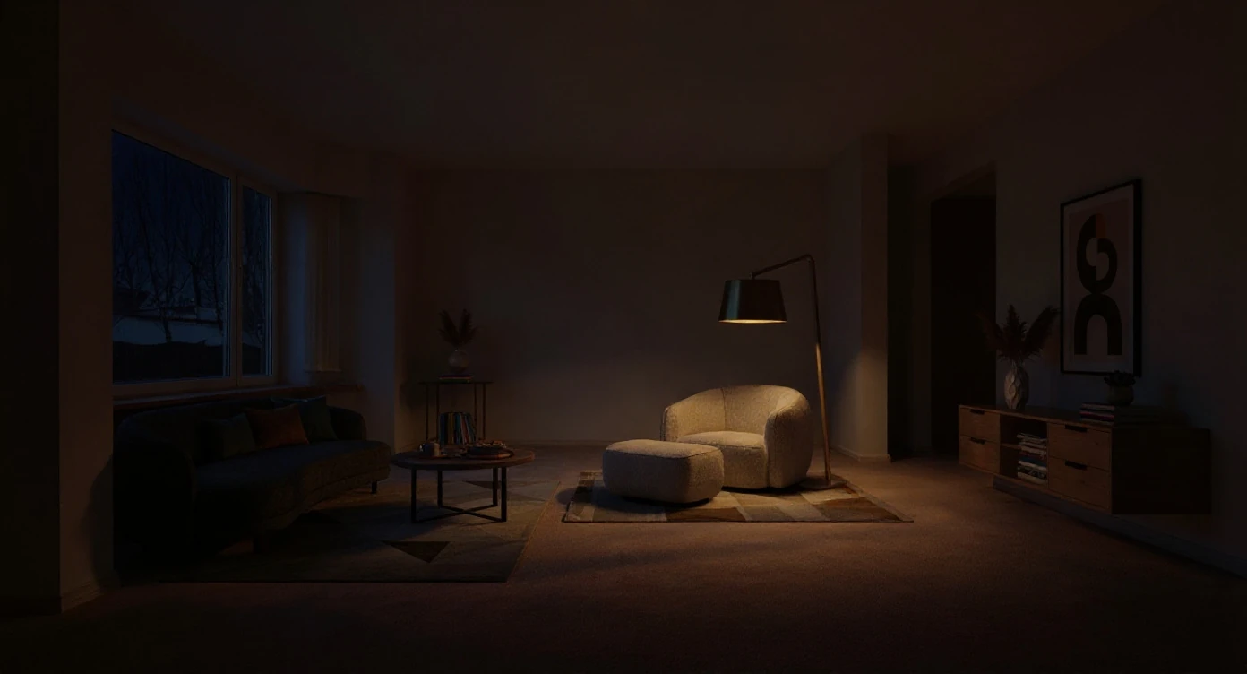 Change the time of the photo from day time to 8pm in the evening, turn off the natural light coming through the windows making it look like night time. turn on the lamp to brighten up the room making it look like a cozy evening making the interior look bright.