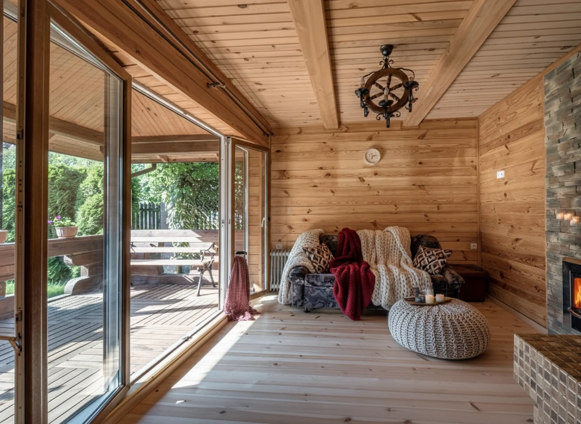 Transform this living room for winter with cozy blankets, warm throws, candles, a knit pouf, and warm ambient lighting. Add a sense of hygge and warmth.