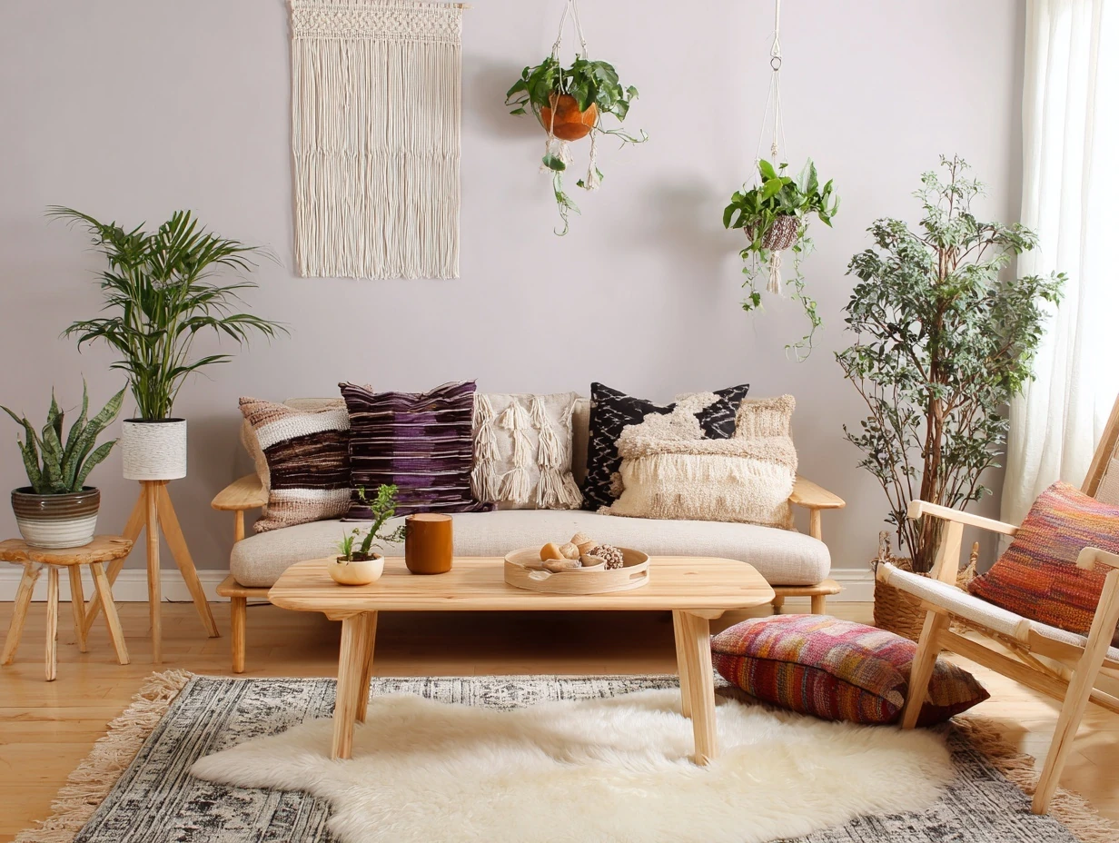 Create a living room that blends Scandinavian and Boho styles: light wood furniture and neutral base (Scandi) with layered textiles, colorful cushions, and hanging plants (Boho). Balance minimalism with warmth.