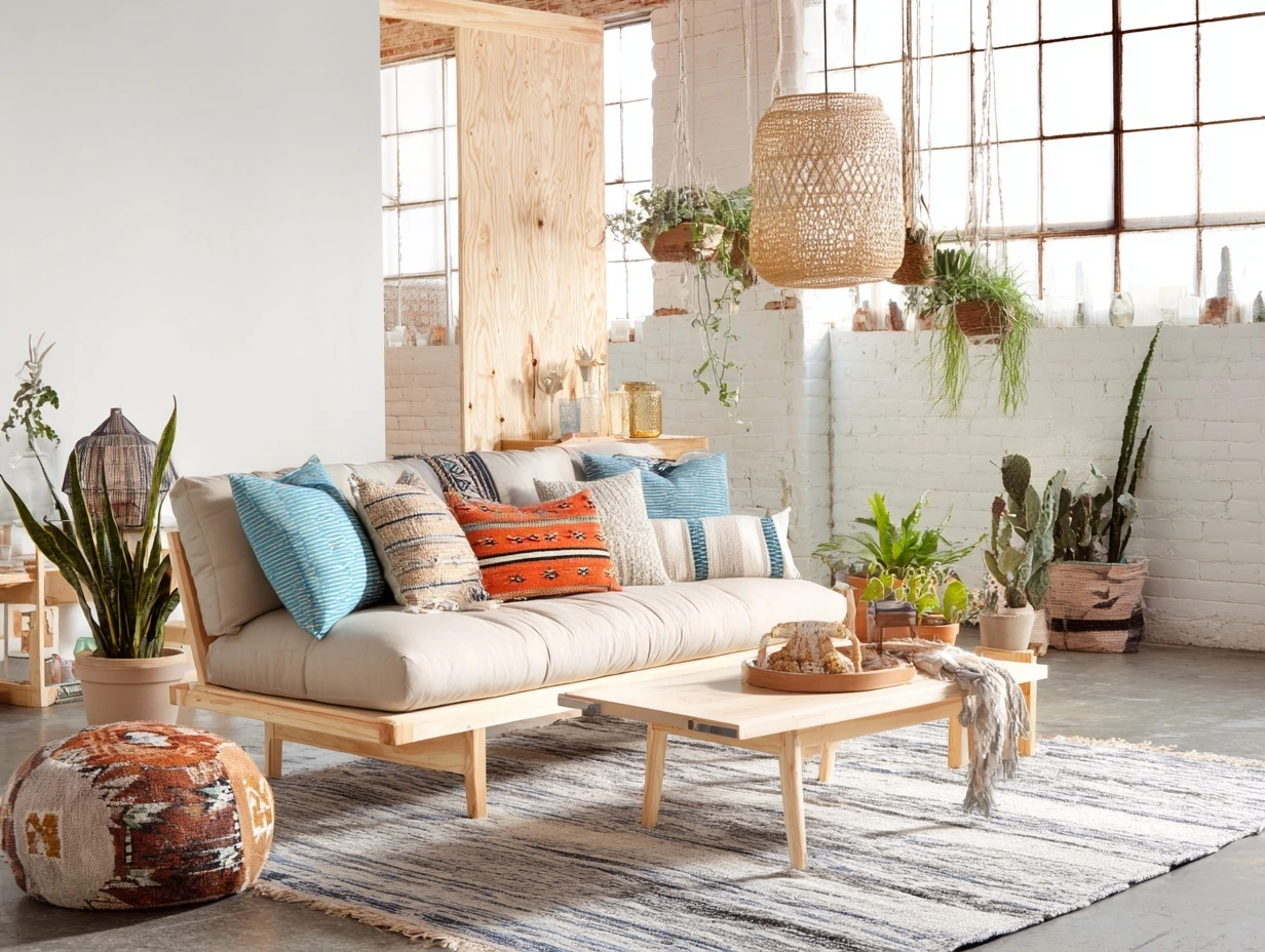Create a living room that blends Scandinavian and Boho styles: light wood furniture and neutral base (Scandi) with layered textiles, colorful cushions, and hanging plants (Boho). Balance minimalism with warmth.