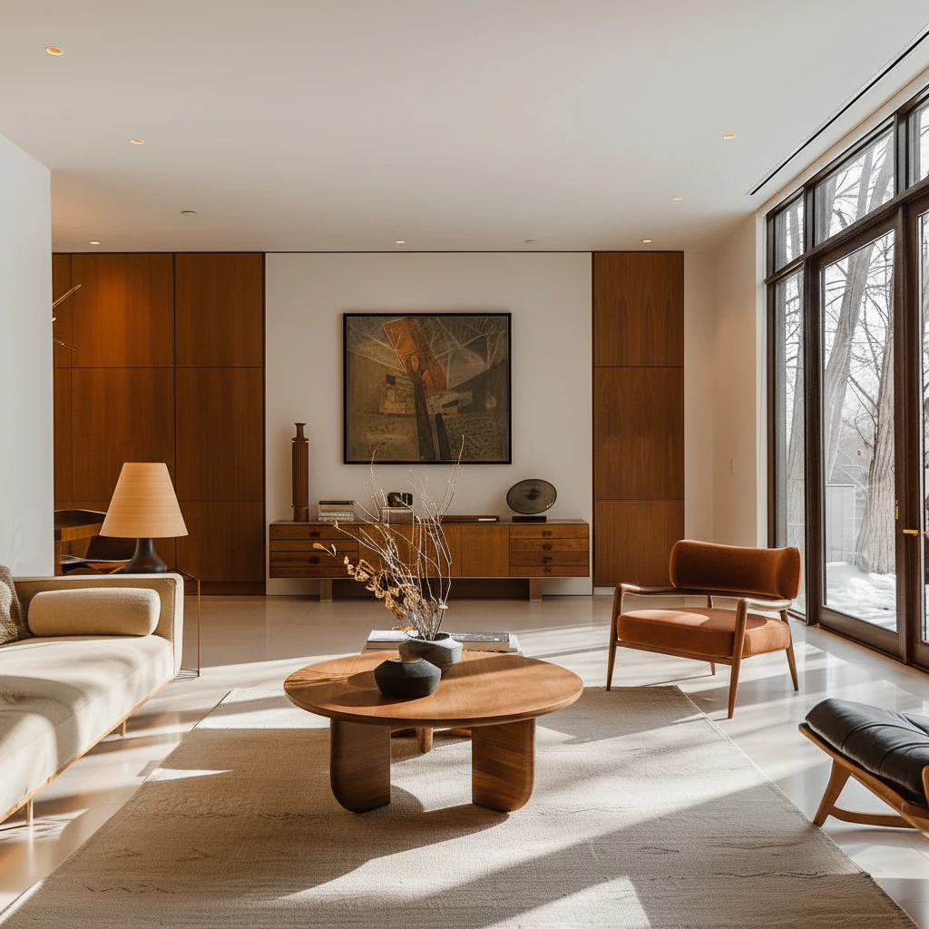 Let's remove the coffee table and the arm chair from the living room (image 1), and replace them using coffee table from image 2 and arm chair from image 3, keep the design details of these furnitures when placing them into the scene, and keep the rest of the scene in image 1 unchanged when creating the new image (use the same viewing angle and perspective)