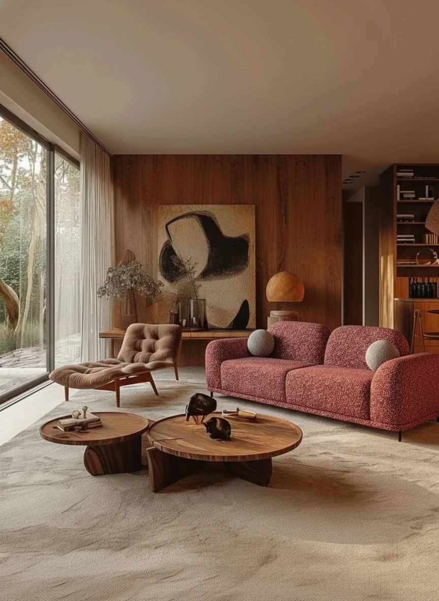 Let's replace the white sofa on the right of the source image (image 1) with the red sofa from image 2 and place it about 45 degrees facing the window, and make sure you maintain the red sofa's design details when placing it in the scene, enhance the image quality and keep the rest unchanged. 