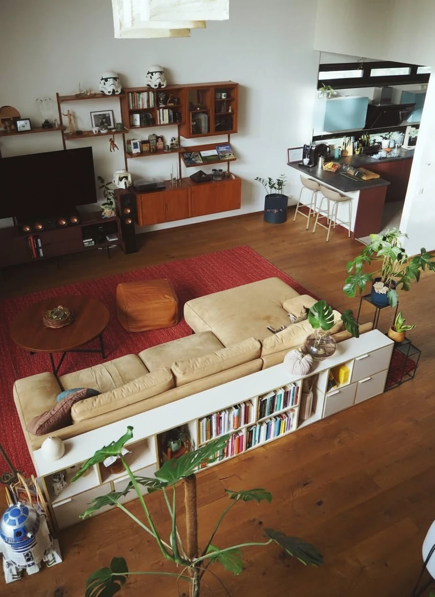 Replace the white carpet under the sofa and coffee table from the image to a red woven style carpet. Keep the rest of the image unchanged. 