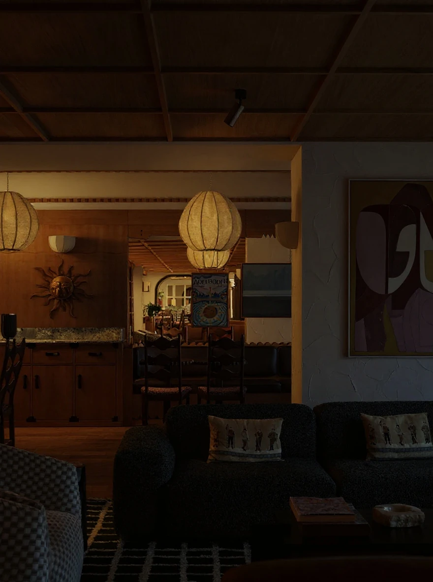 Change the time of the photo from day time to 8pm in the evening, turn off the natural light coming into the room, turn on the interior's lightings, including the ceiling lamps to brighten up the room making it look like a cozy evening making the interior look bright.