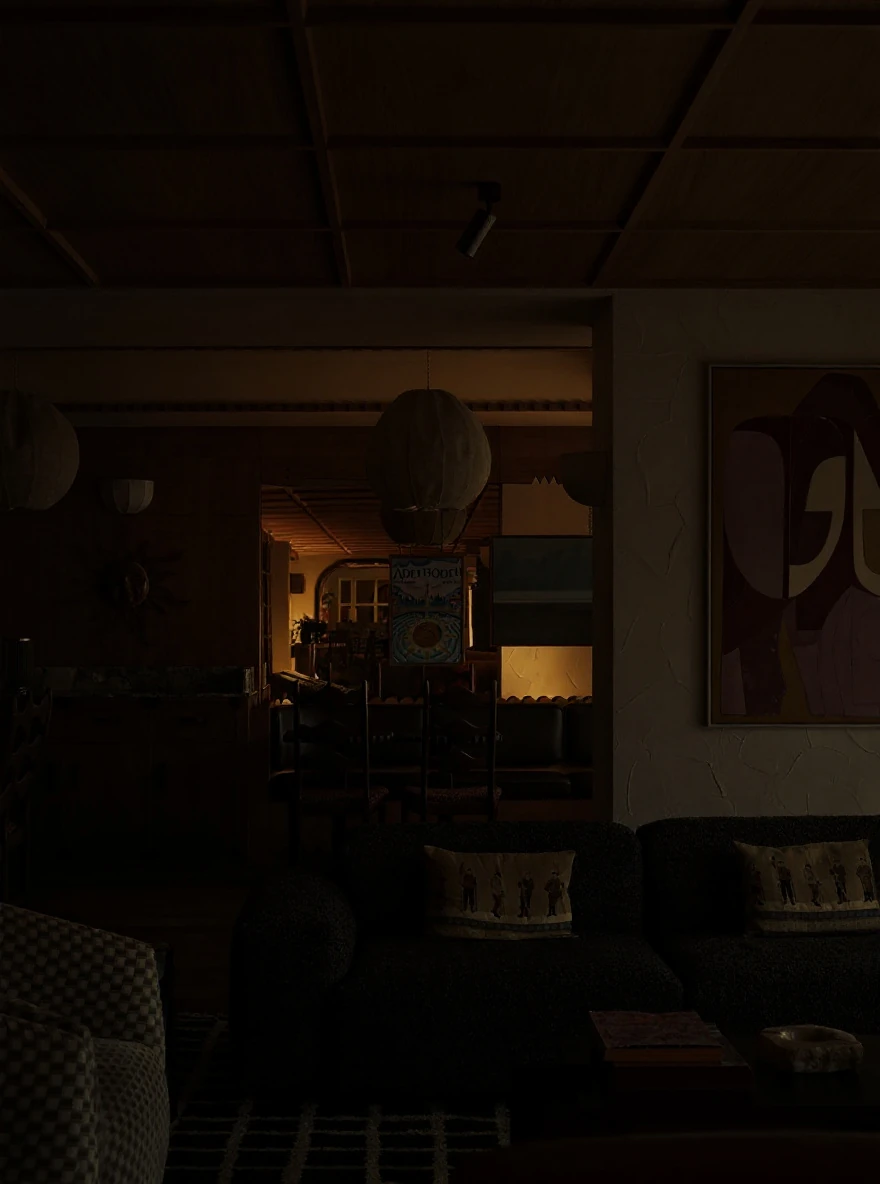 Change the time of the photo from day time to 8pm in the evening, turn off the natural light coming into the room, turn on one of the ceiling lamps further in the distance to brighten up a corner of the room making it look like a cozy evening.