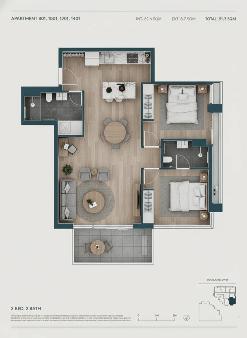 Convert this CAD floor plan into a photorealistic top-down rendering. Living room: modern style with gray sofa, wooden coffee table, area rug. Kitchen: white cabinets, marble countertops, stainless appliances. Bedroom: Scandinavian style with light wood bed, white bedding. Show realistic materials, textures, and lighting from above. Use a consistent colour palette for the output image. keep all texts unchanged. 