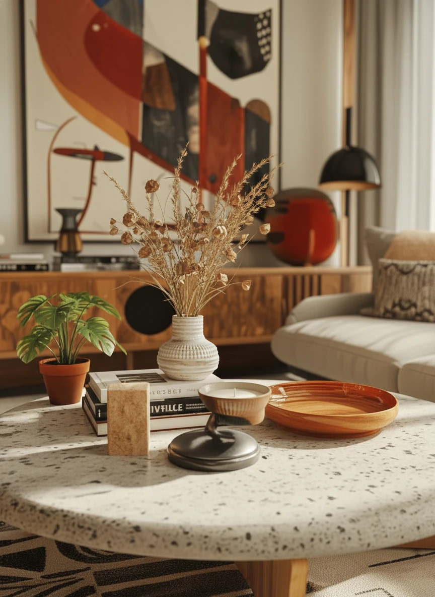 Create a close-up vibe photo of the coffee table in this living room. Focus on: the wooden table surface, styled with a ceramic vase with dried flowers, coffee table books, a candle, and a small plant. Show soft natural light, shallow depth of field, with the sofa blurred in the background. Cozy, intimate atmosphere.