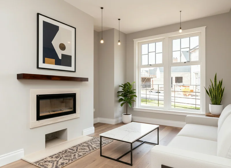 the same living room, Modern style. sleek white sofa to the right side of the photo, a minimalist coffee table in the cent...