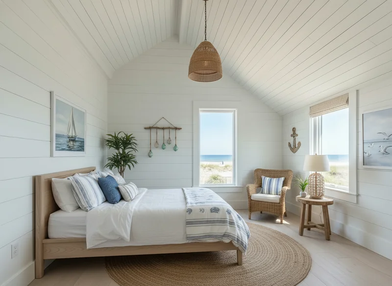 the same bedroom, Coastal style. Include a light wood bed frame against the wall on the left, white and blue bedding, a ju...