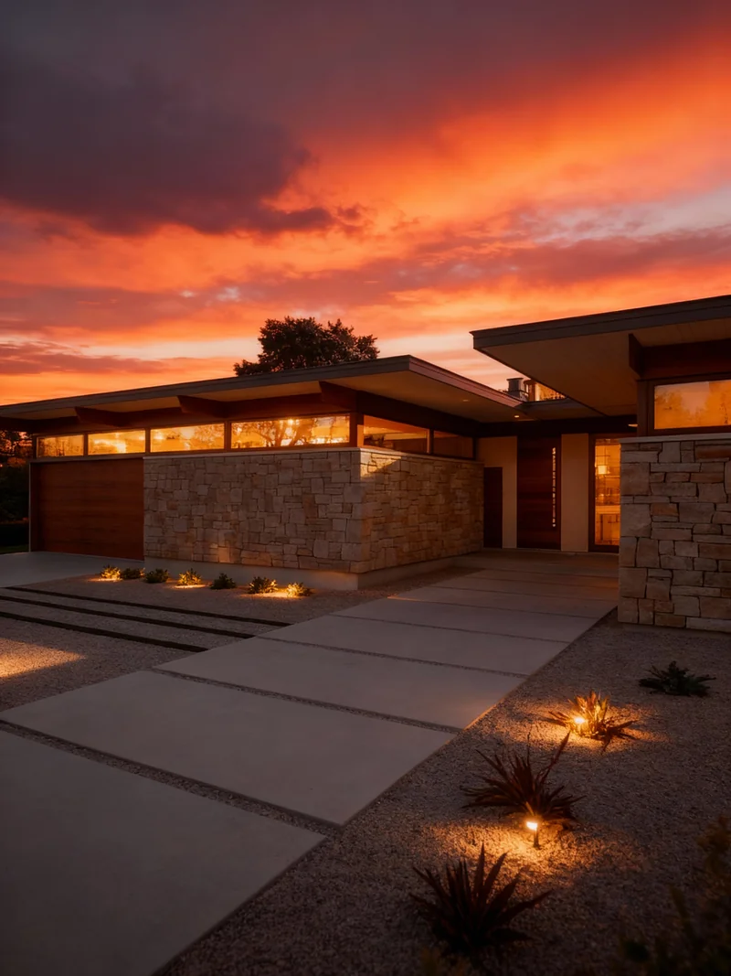 Convert this daytime photo to a beautiful dusk/twilight scene. dramatic sunset sky, turn on all interior and exterior ligh...